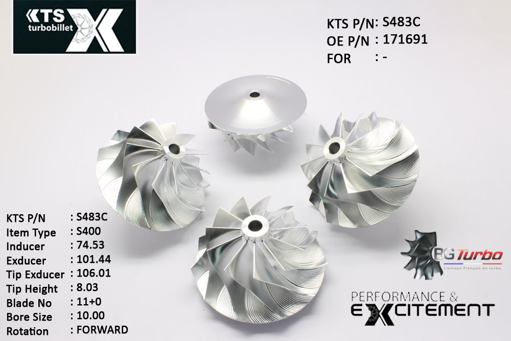 Turbo ROUE FORGÉE MFS PERFORMANCE - 11+0 PALES - INDUCER : 74,53 - EXDUCER : 101,44 - TYPE : S400ANGLE : 45° - ROTATION : Forward - SUPER BACK : 8,41 - BORE SIZE : 10
